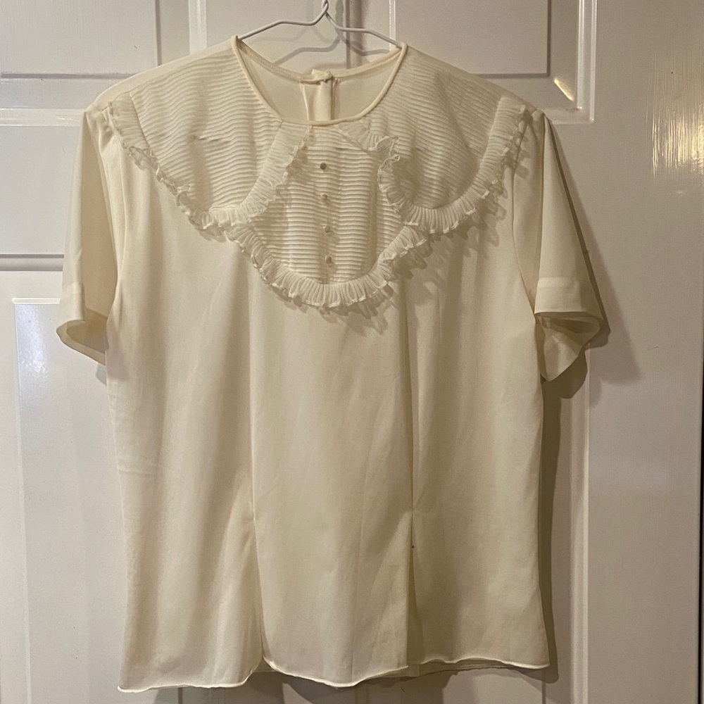 Vintage Lee Mar California Cream Ruffle Blouse Sheer Nylon Romantic Top 19”